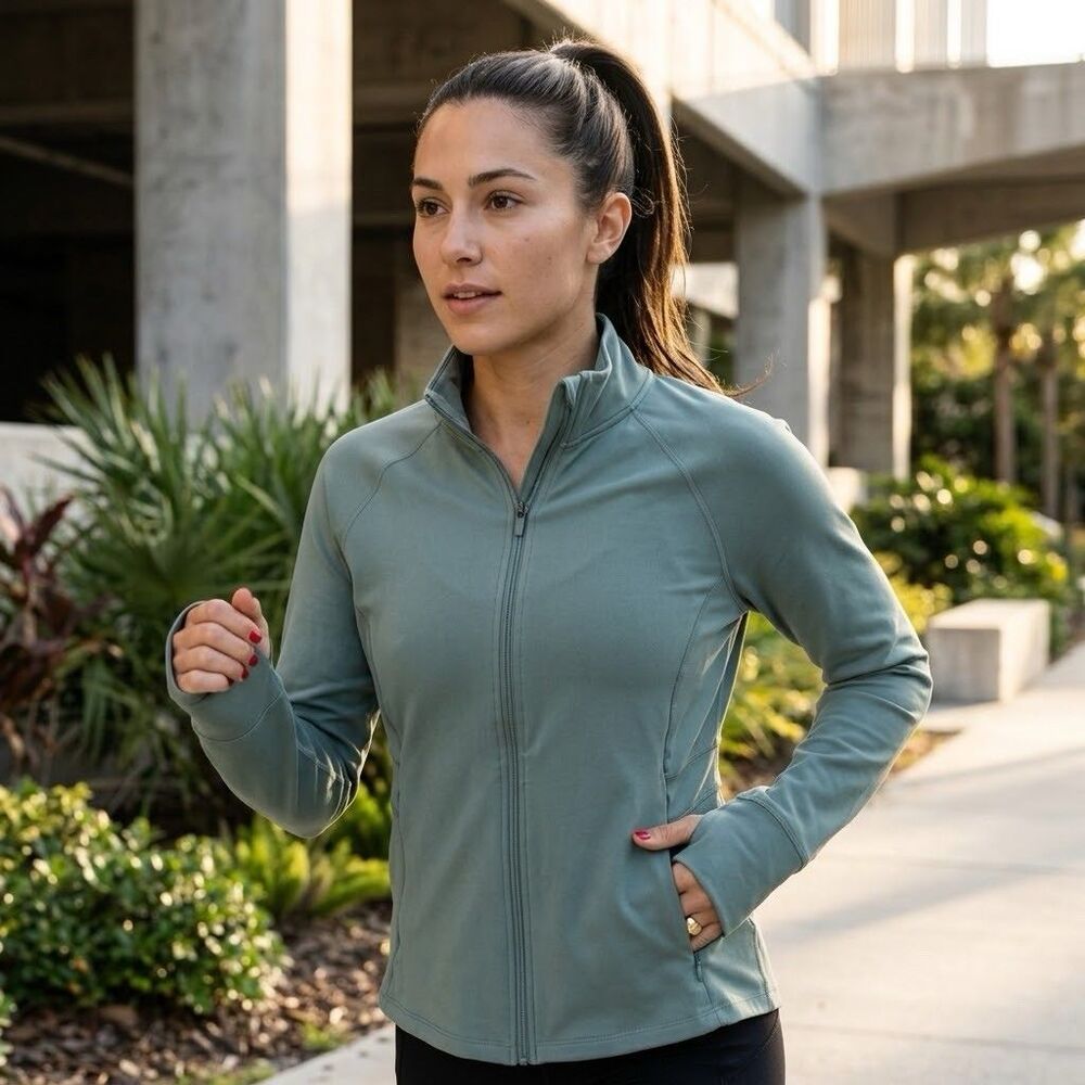 JOCKEY Women's Sage Green Full-Zip Activewear Jacket with Thumbholes Size L